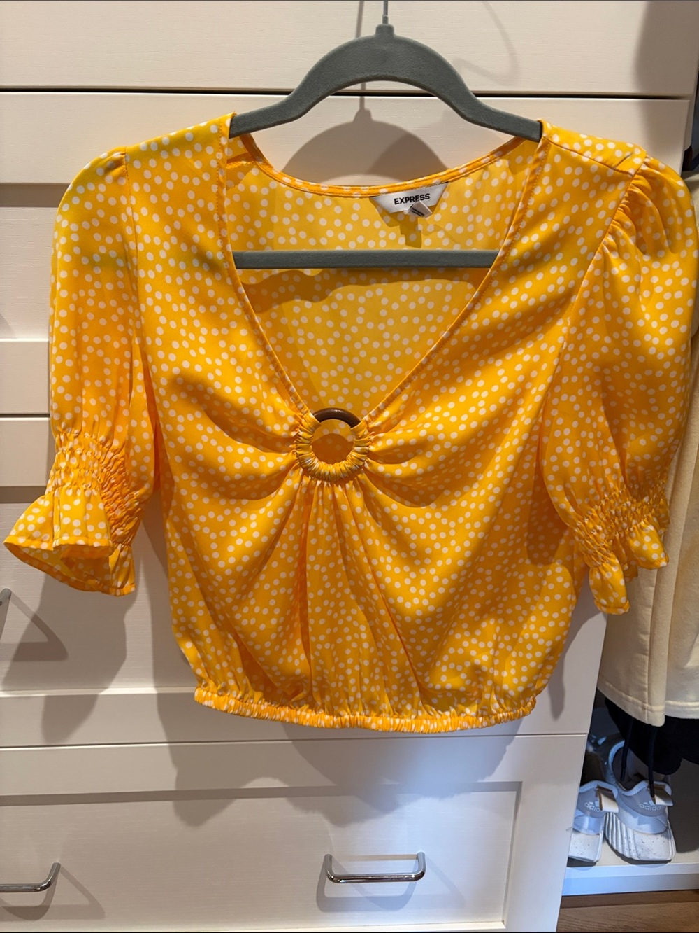 Express Yellow Polka Dot Ring-Detail Crop Top